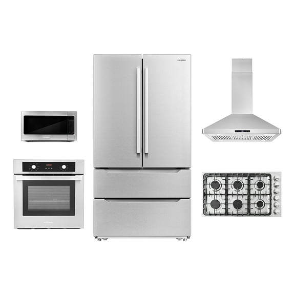Cosmo 5 Piece Kitchen Package With 30" Gas Cooktop 24" Single Electric Wall Oven 24.4" Countertop Microwave French Door Refrigerator & 24" Built-in Fully Integrated Dishwasher