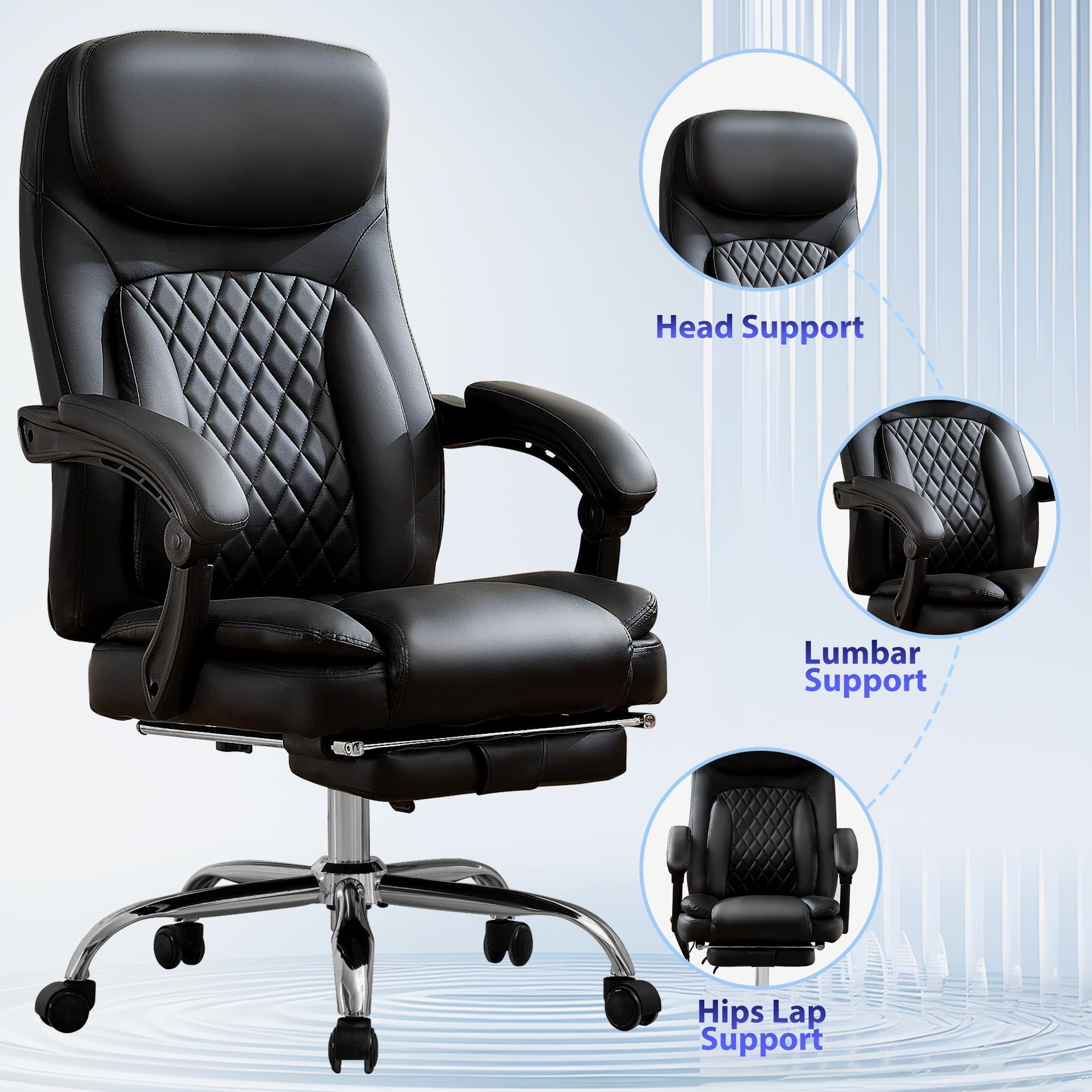 JONPONY Big and Tall Office Chair 500LBS Executive Office Chair Massage and Footrest Ergonomic Computer Desk Chair Reclining High Back Leather Office Chair Lumbar Back Support Swivel Rolling,Black