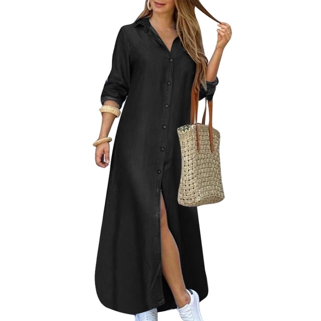 MAWCLOS Robes Maxi pour Femmes Robe Chemise à Imprimé Floral Kaftan à Revers Manches Longues 8997 Noir Gris 4TG