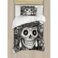 thumbnail image 3 of Queen Duvet Cover Set King Size, Day of the Dead Artwork Hand Drawing Folk Skull with Flowers Crown Ornaments, Decorative 3 Piece Bedding Set with 2 Pillow Shams, Black and White, by Ambesonne, 3 of 3