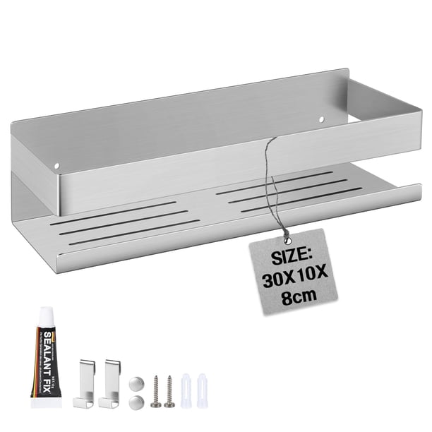 Estante de ducha sin taladrar 30 cm acero inoxidable con 2 ganchos móviles cesta autoadhesiva almacenamiento para champú y gel