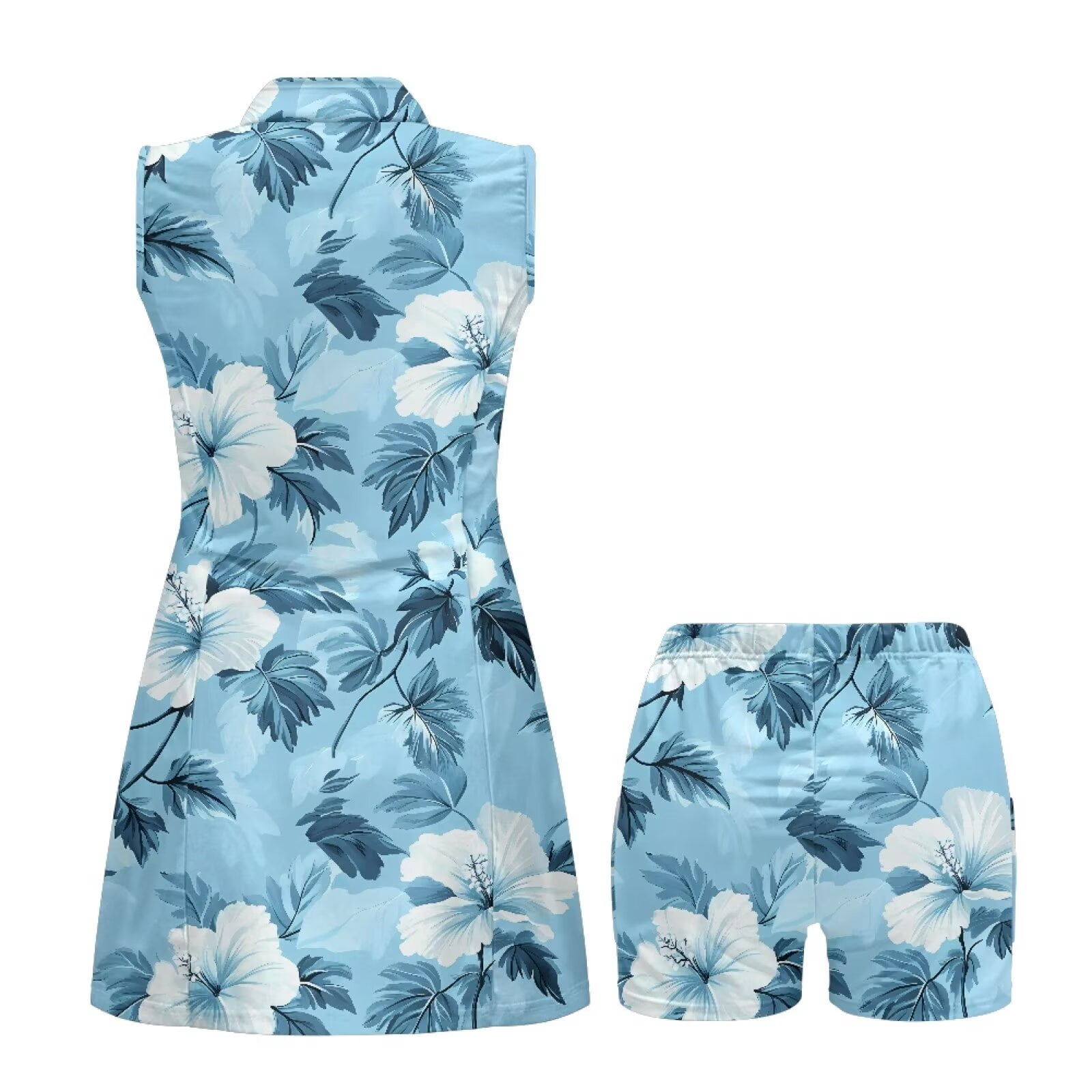 Yuyamidu Blue Hibiscus Flowers Womens Workout Golf Dresses Sleeveless Tennis Dress Build in Shorts with Pockets Tennis Dress for Women Quick Dry Golf Outfit Size 2XL