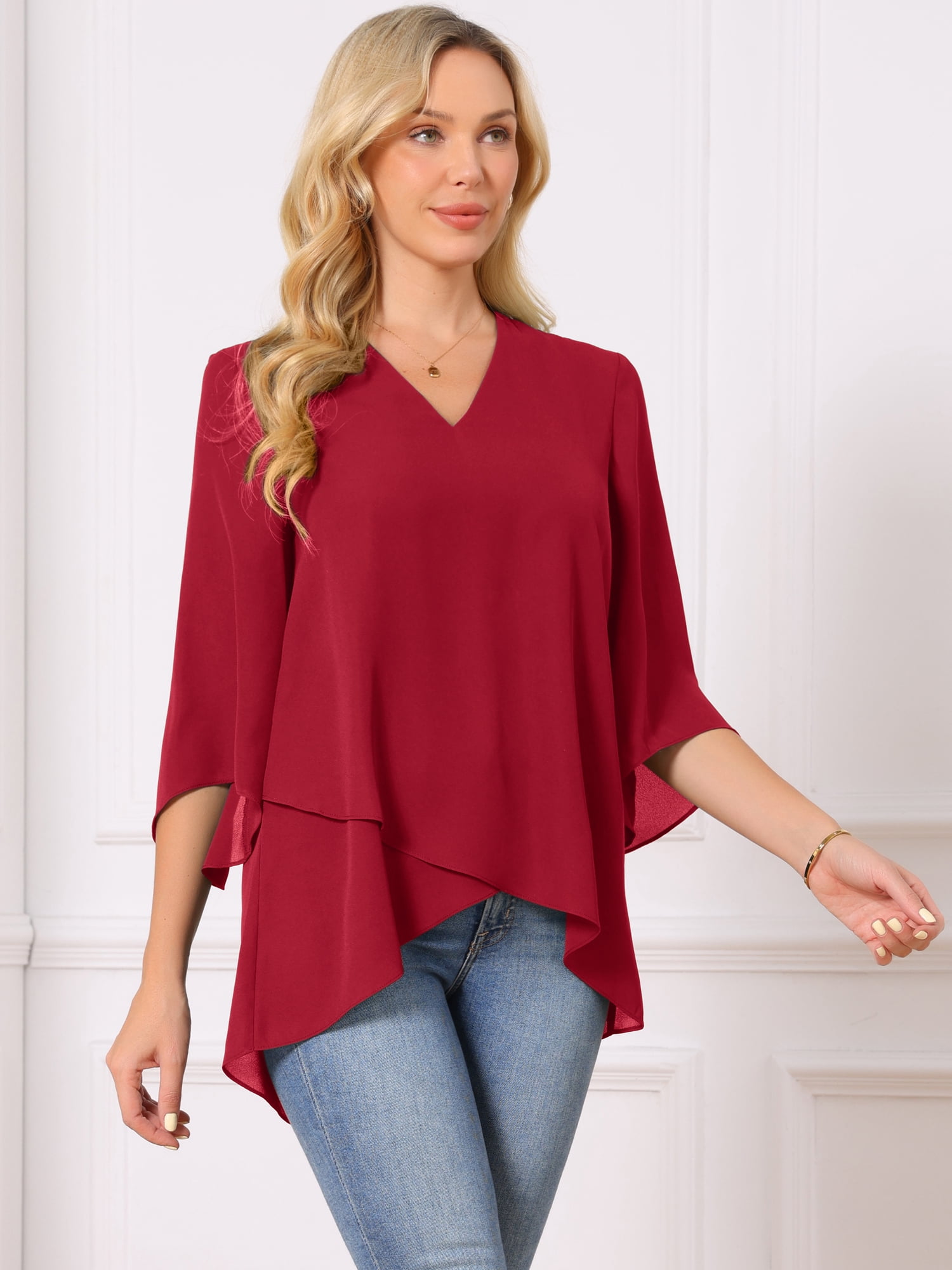 DARING DIVA Women's High Low Tops 3/4 Bell Sleeve V Neck Chiffon Blouse S Red