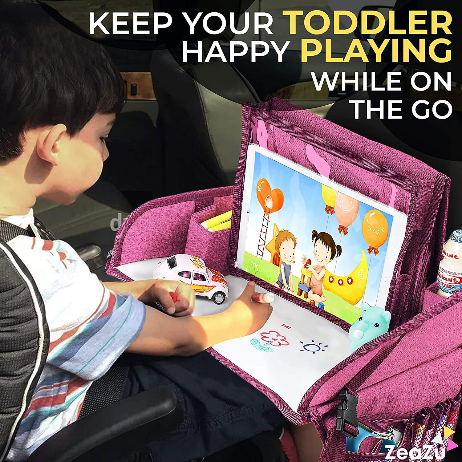Kids Travel Tray with Bag - Toddler Car Seat Tray, Foldable Lap Travel Table Desk with iPad Holder, Drawing Board, Storage Pocket Organizer for Child Road Trip, Car Stroller, Airplane - Pink