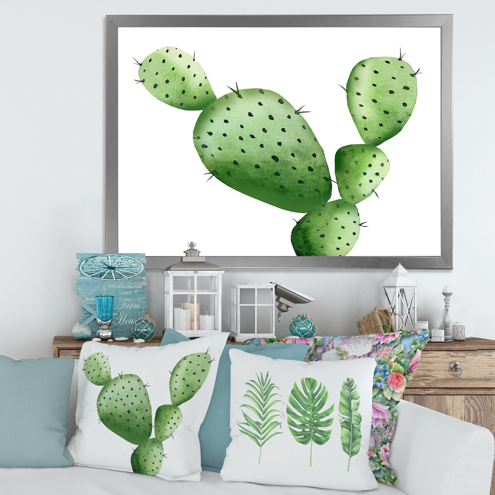 Designart 'Close Up Green Southwestern Cactus' Tropical Framed Art Print