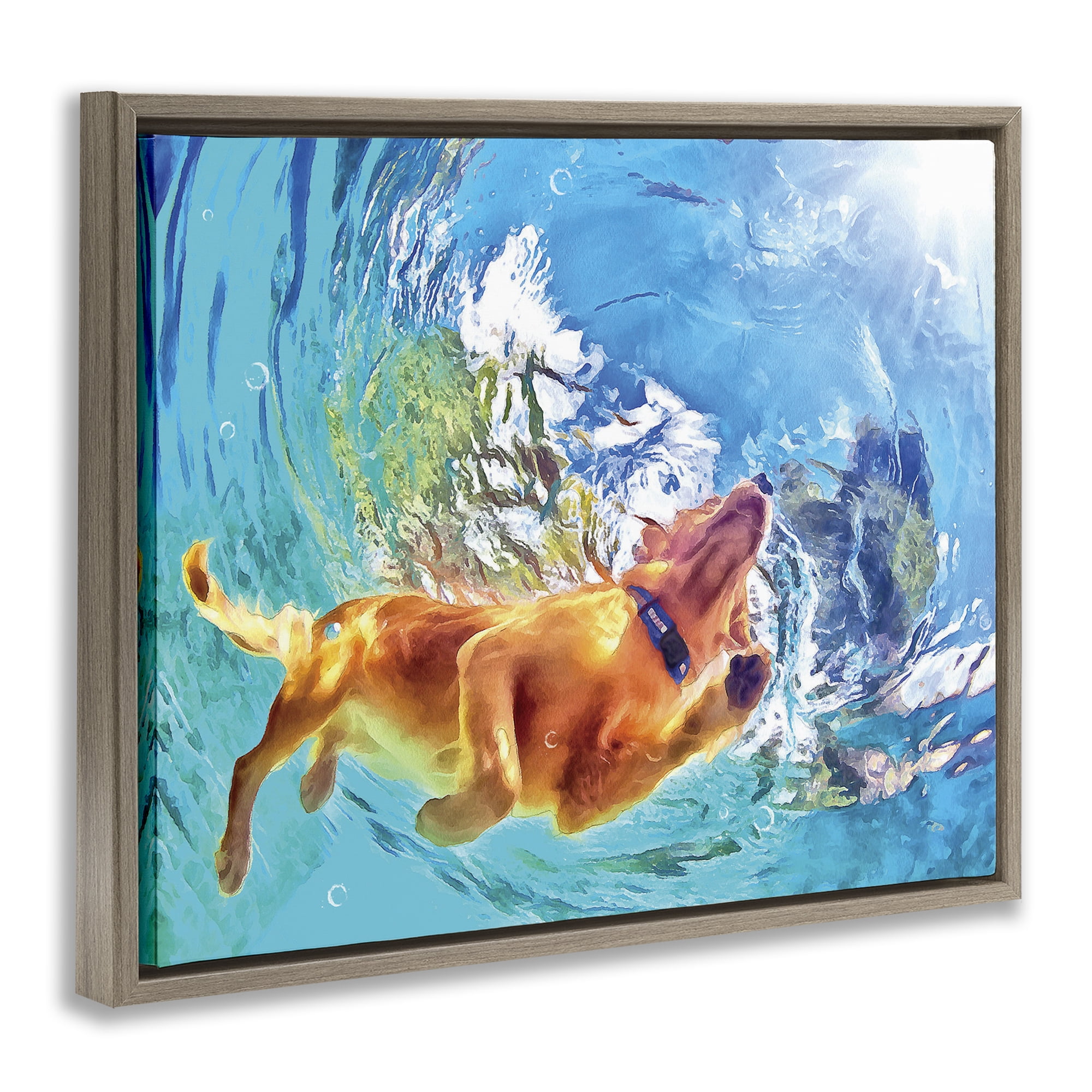 Stupell Industries Underwater Swimming Dog Animals & Insects Painting Brown Floater Framed Canvas Art Print Wall Art, 21 x 17
