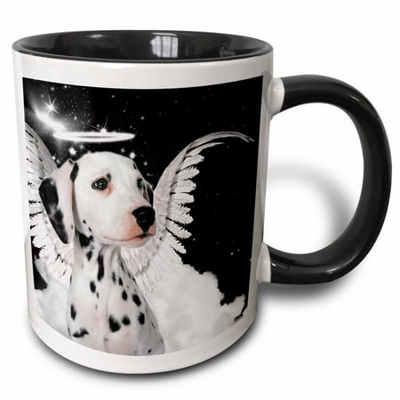 3dRose Dalmatian Angel Dog with clouds, a cute Halo and Angel Wings - Two Tone Black Mug, 11-ounce