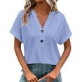 thumbnail image 3 of Horkkom Short Sleeve Blouses for Women Button V Neck Solid Color Tops Lace Loose Casual Tops, Gifts for Women XS, 3 of 8