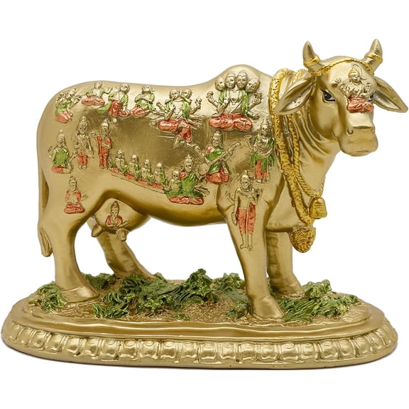 alikiki Hindu God Kamadhenu Cow Statue - Hinduism Sacred Wish-Fulfilling Cow Figurine for Home Mandir Puja Item Temple Altar Pooja Statue Diwali Gifts for Indian Friends Man Woman