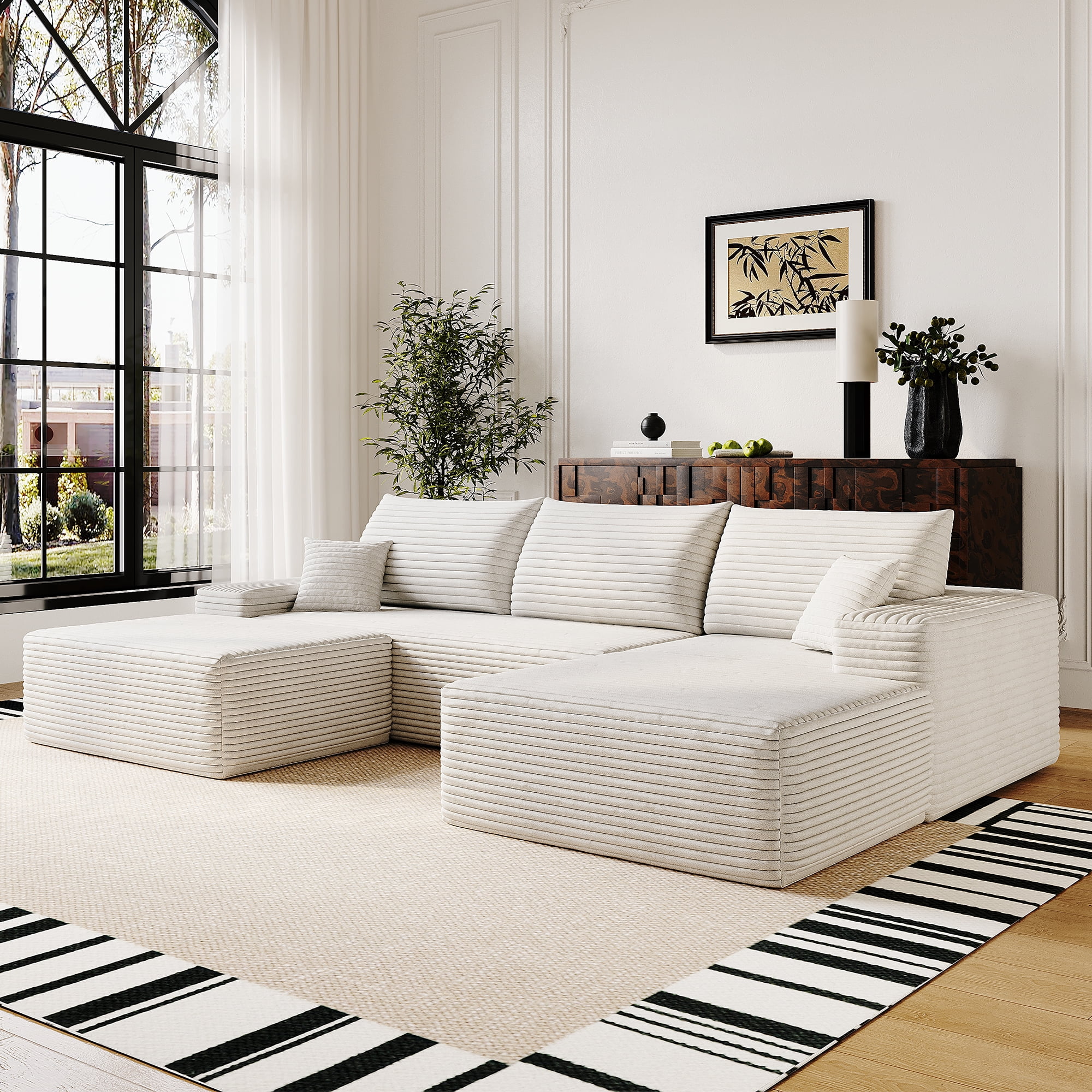 MAYEERTY 107" Cloud Sectional Sofa with 1 Ottoman, Modern Minimalist U-Shaped Deep Seat Couch, No Assembly Plush Corduroy Fabric, White (3 packages)