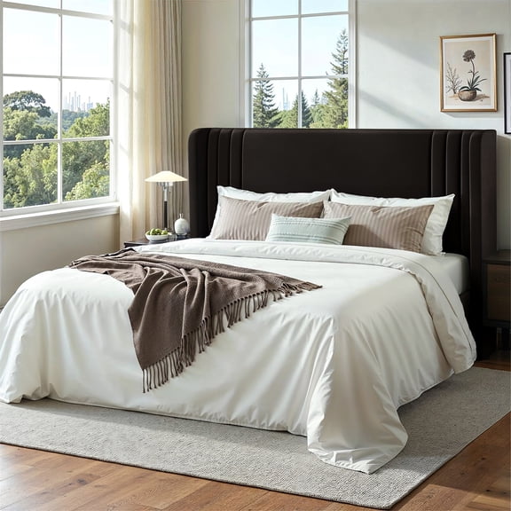 Einfach Queen Size Upholstered Bed Frame, Platform Bed with Velvet Wingback Headboard, Black
