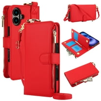 for iPhone 16 Plus Wallet Case with Card Holder - PU Leather Case Detachable Crossbody Strap & Wristband & Secure Ring, Shockproof Protective RFID Blocking Zipper Purse Phone Cover, Red