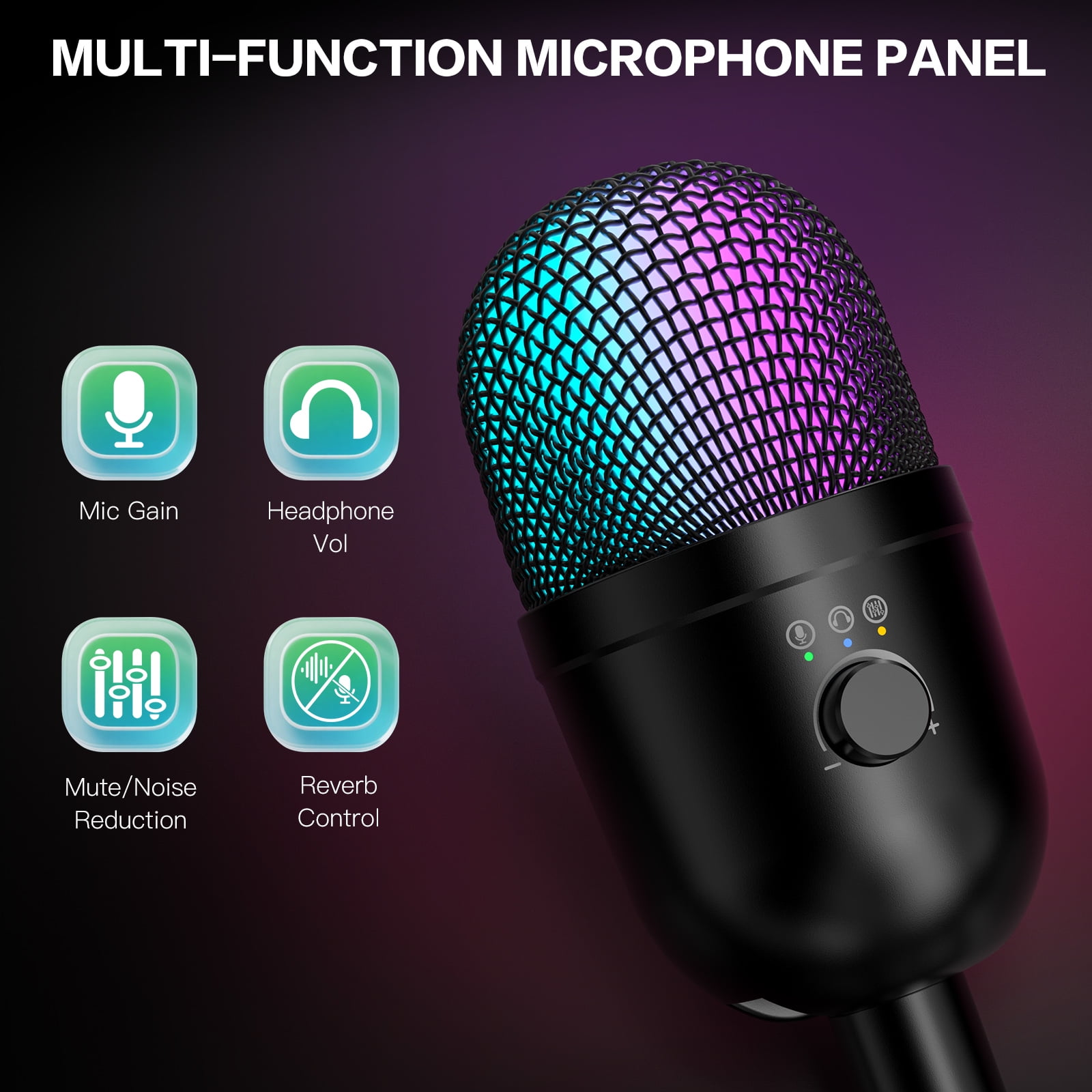 Zealsound Gaming Condenser Microphone with RGB Lights, Studio USB Mic for PC, Mac, iPhone, Plug & Play, Mute & Gain Control, Monitoring for Streaming, Podcasting, TikTok, YouTube