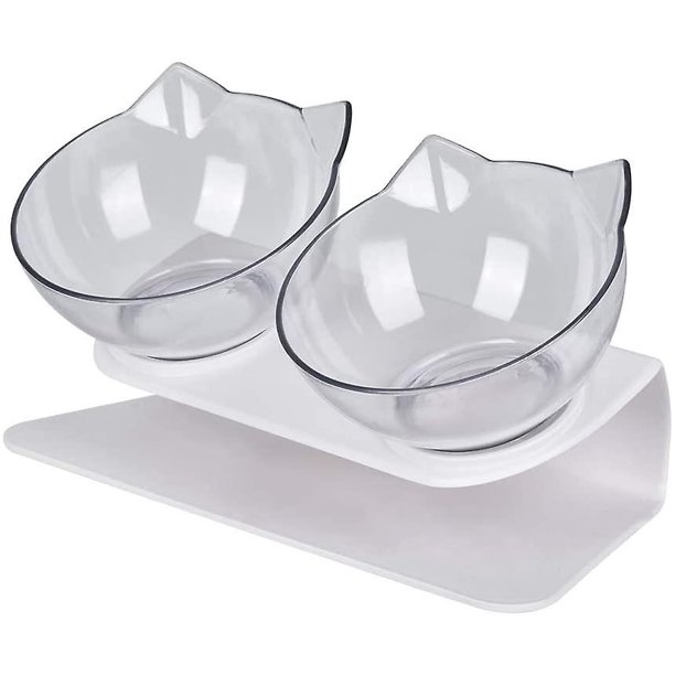 Cuenco para gatos antivómitos, cuenco para mascotas antideslizante y ortopédico, comedero para mascotas de doble cuenco transparente con soporte elevado (cuenco doble). Afortunado Sencillez