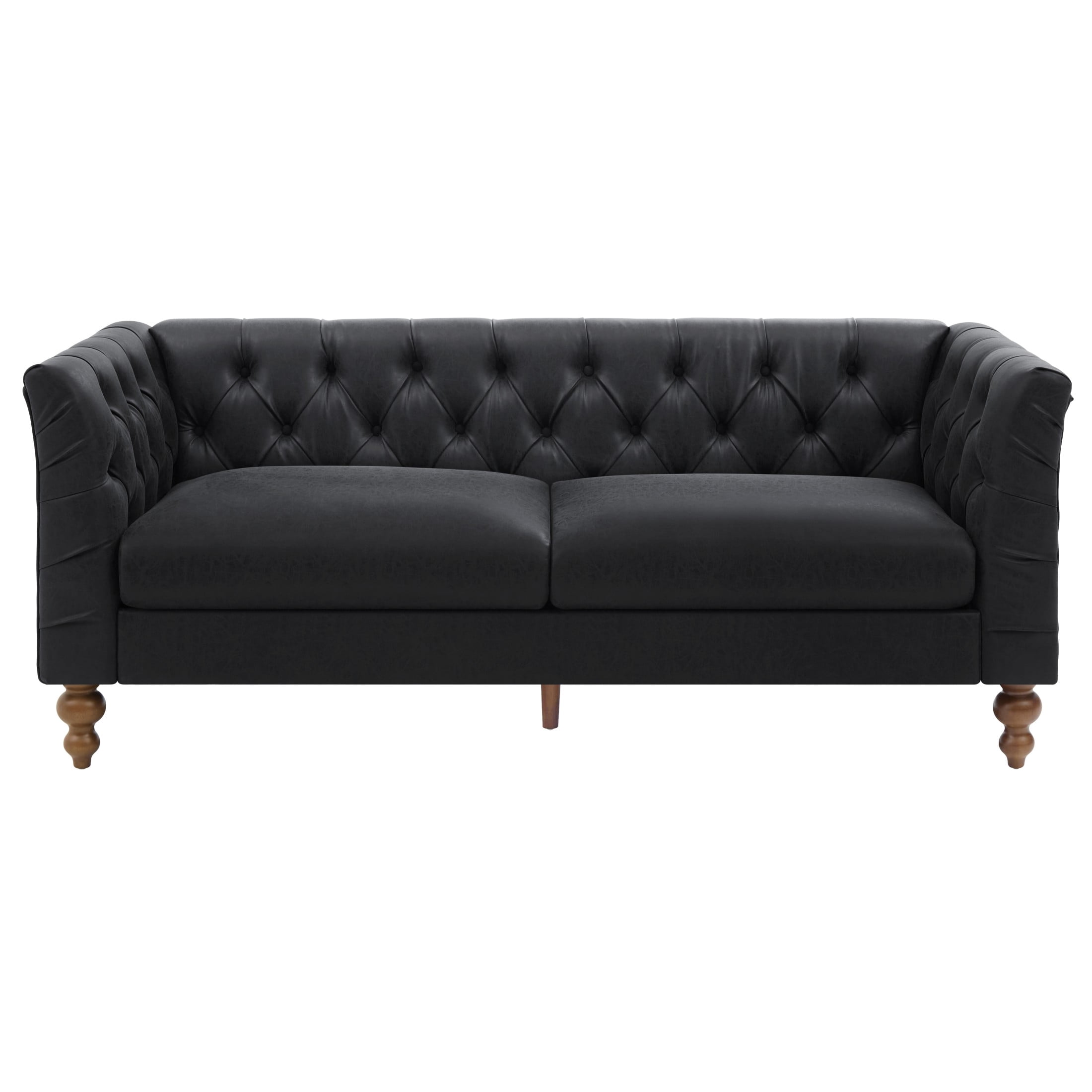 Christopher Knight Home 73.5" Chesterfield Sofa, Tufted PU Leather Couch with Flared Arms, Black