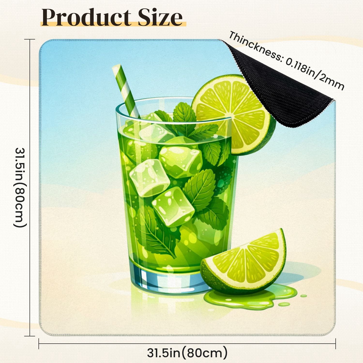 Mahjong Mat 31.5" x 31.5" Refreshing Lime Mojito Drink Mint Ice Cubes Non-Slip Noise Reduction Mahjong Tiles Table Cover for Dominoes Poker Card Board and Tile Games