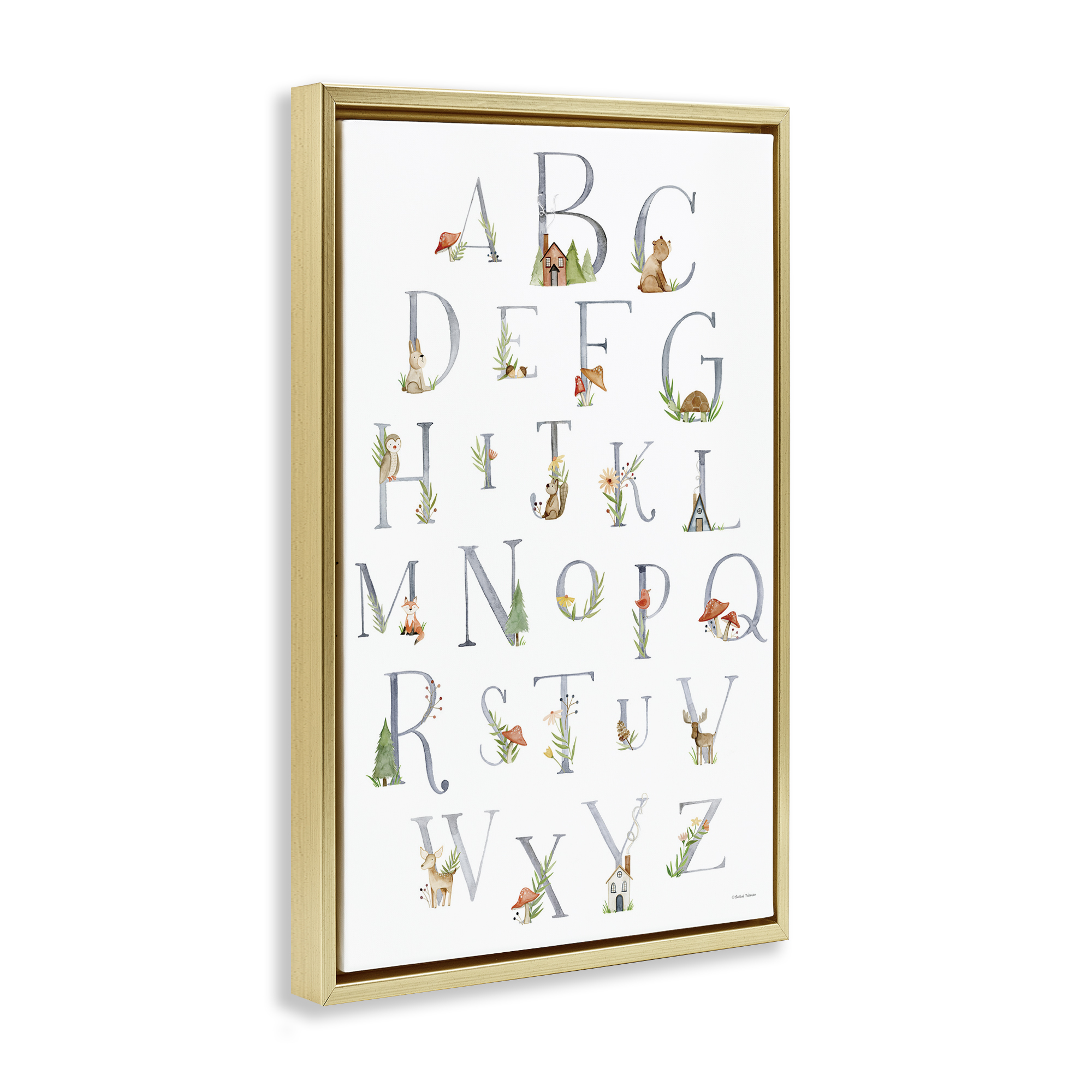 Stupell Industries Soft Cottage Alphabet Town & City Painting Gold Floater Framed Art Print Wall Art, 21 x 31