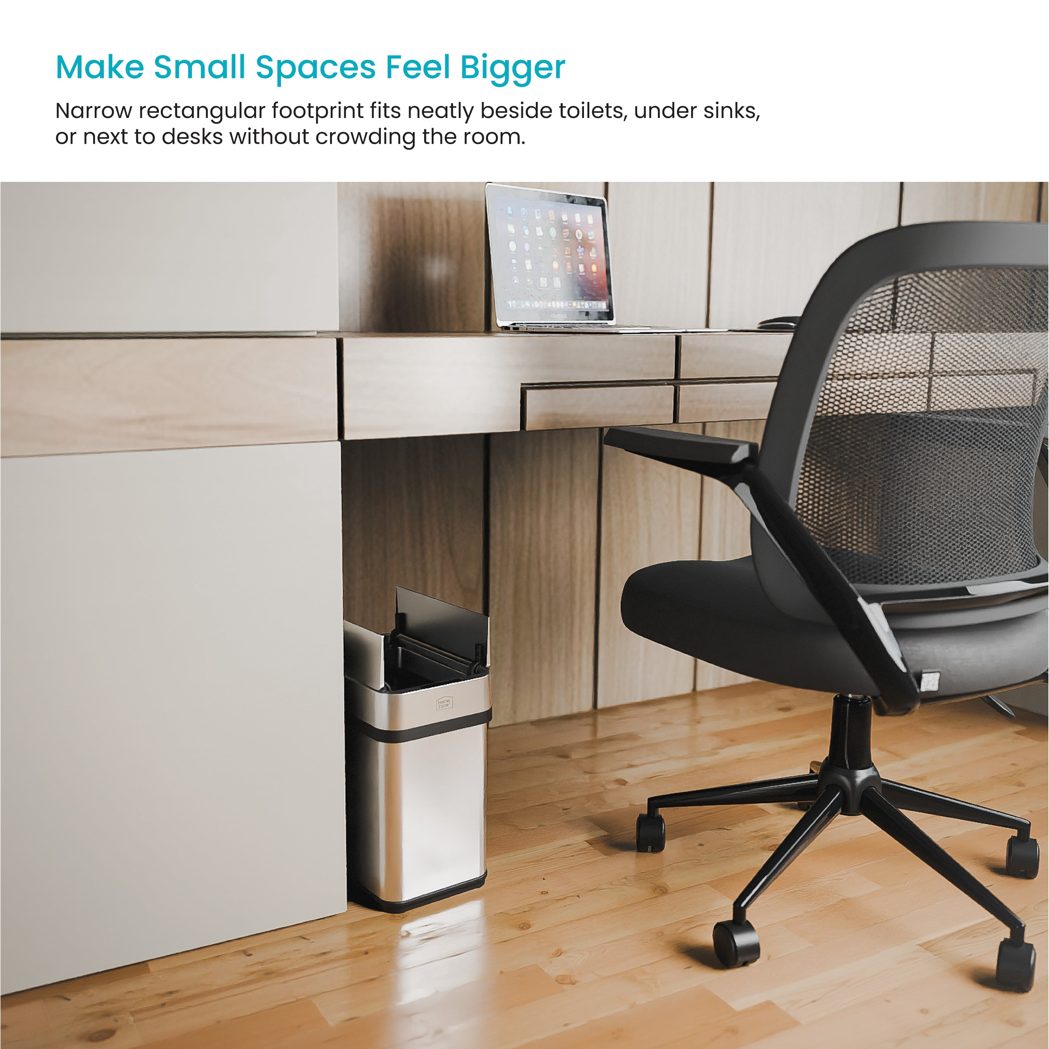 Home Zone Living 2 Gallon Slim Sensor Trash Can with Butterfly Lid and Touch Controls, Rectangular Stainless Steel, Silver