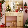 thumbnail image 3 of Zimtown Modern Makeup Vanity Desk with Mirror and Charging Station, Lighted Vanity Table with 4 Drawers & 3 Storage Shelves for Bedroom, Wood Color, 3 of 7