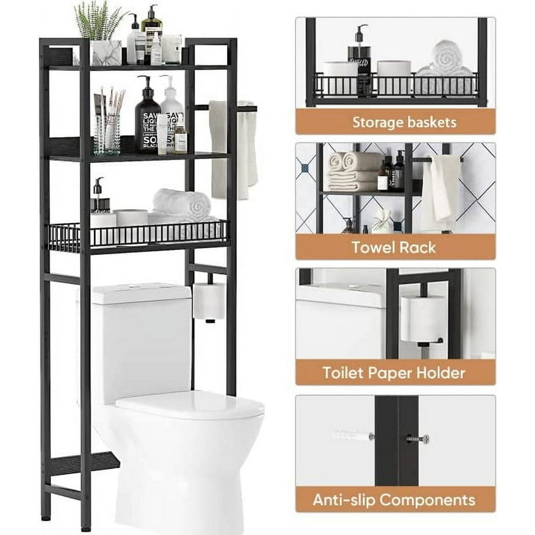 Galood Bathroom Storage Shelves Organizer Adjustable 3 Tiers, Over The Toilet Storage Floating Shelves for Wall Mounted with Hanging Rod (Black)