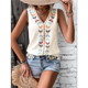 thumbnail image 5 of Camiseta Sin Mangas Informal con Cuello en V, Bordada y Estampado Gráfico para Mujer, Estilo Bohemio, con Dobladillo con Borlas. Albaricoque M, 5 of 8