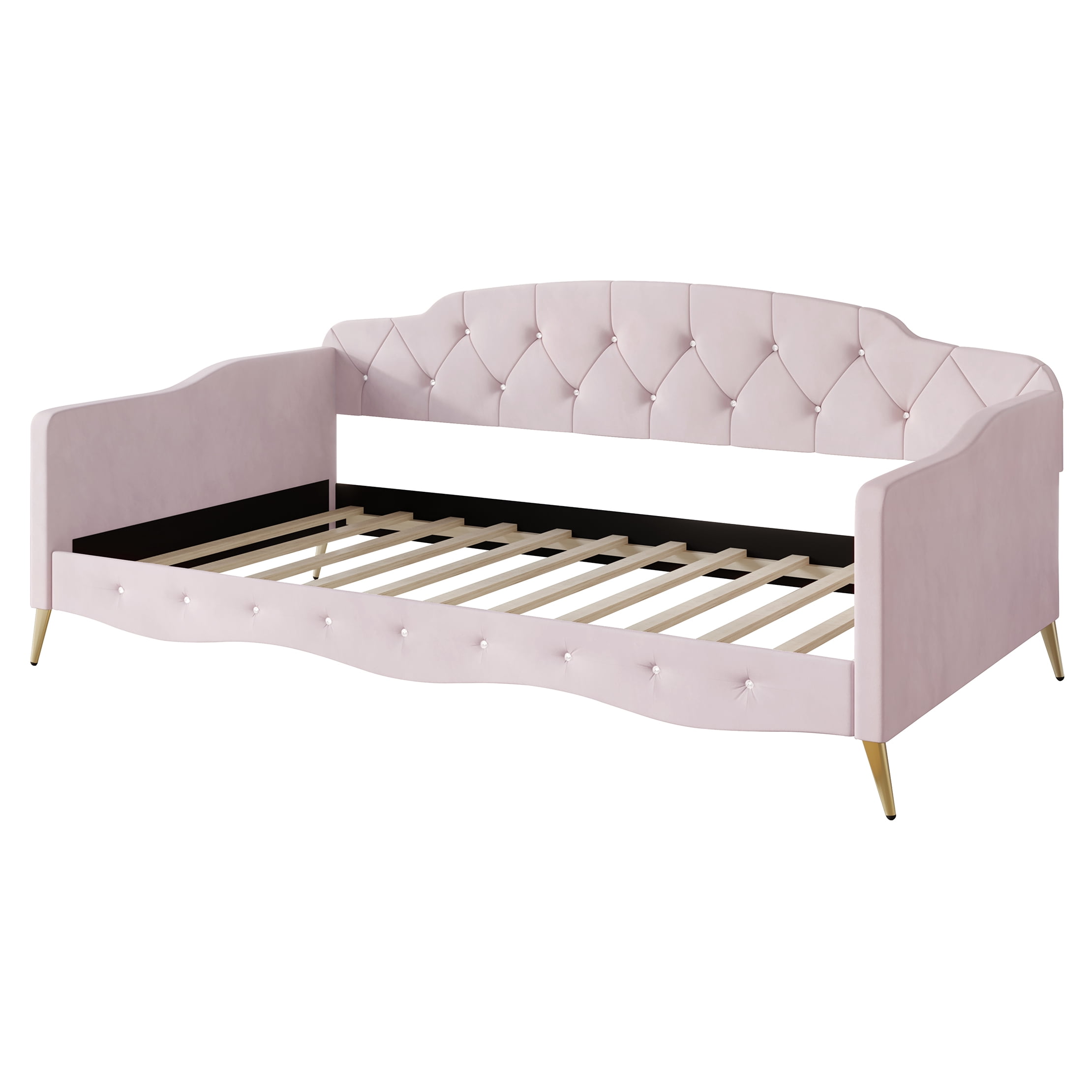 Castle Place Twin Velvet Upholstered Daybed with Crystal Button Tufting, Light Pink