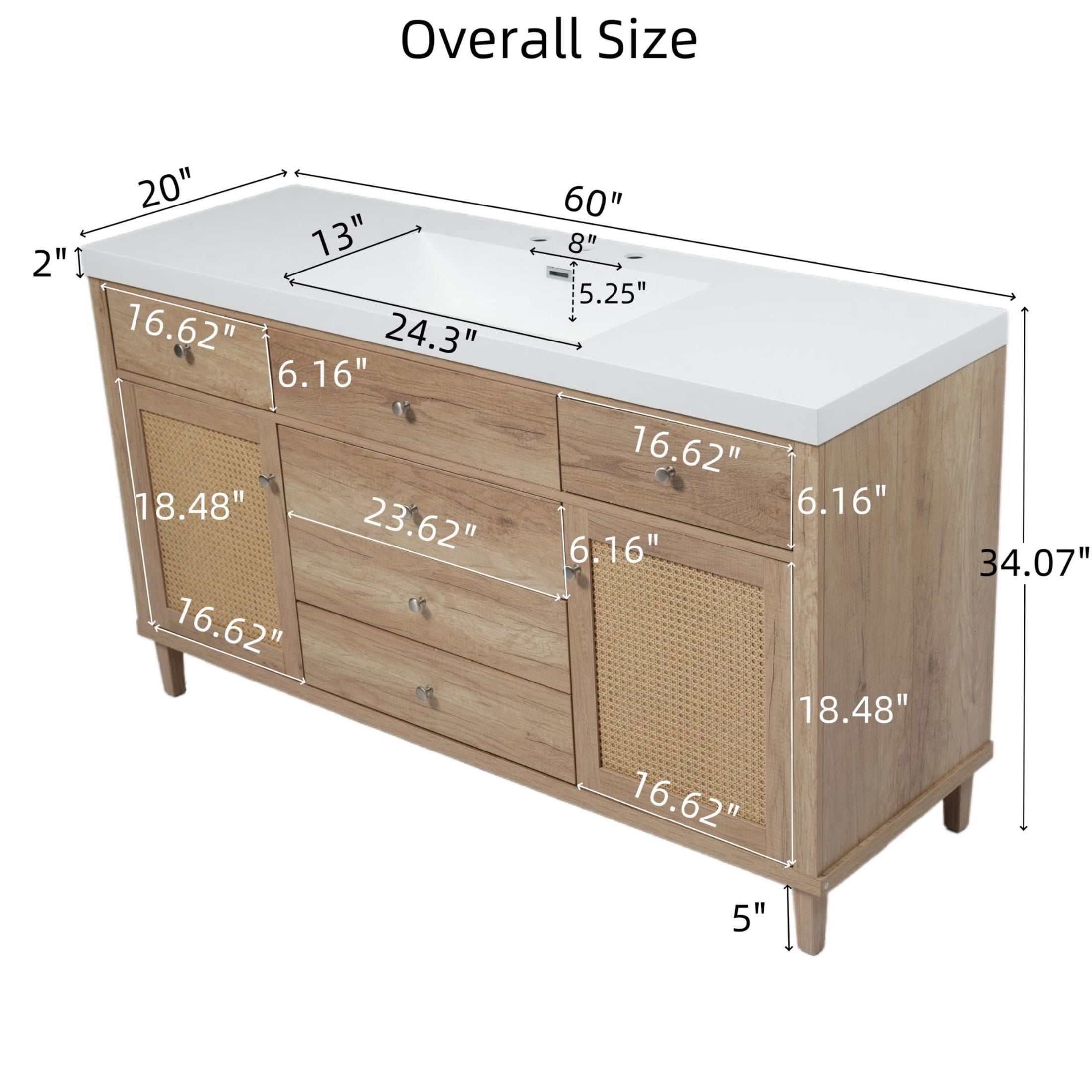 Christopher Knight Home 60" Bathroom Vanity with SMC Sink, Storage Cabinet and Drawers, Wood Frame, Antique Natural