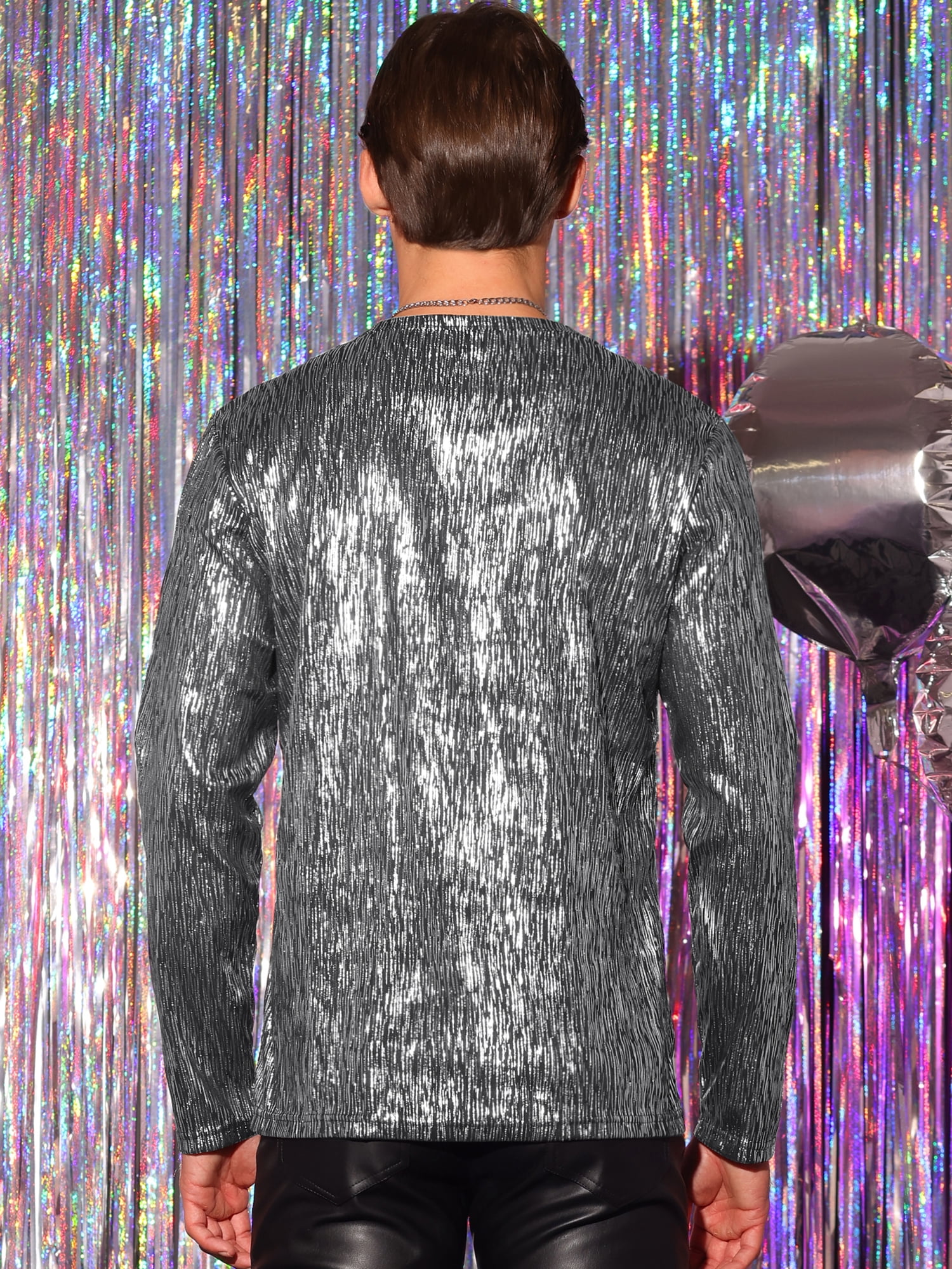 Unique Bargains Men's Metallic Long Sleeves Top Party Clubwear Shiny T-Shirt Tee Shirt L Silver