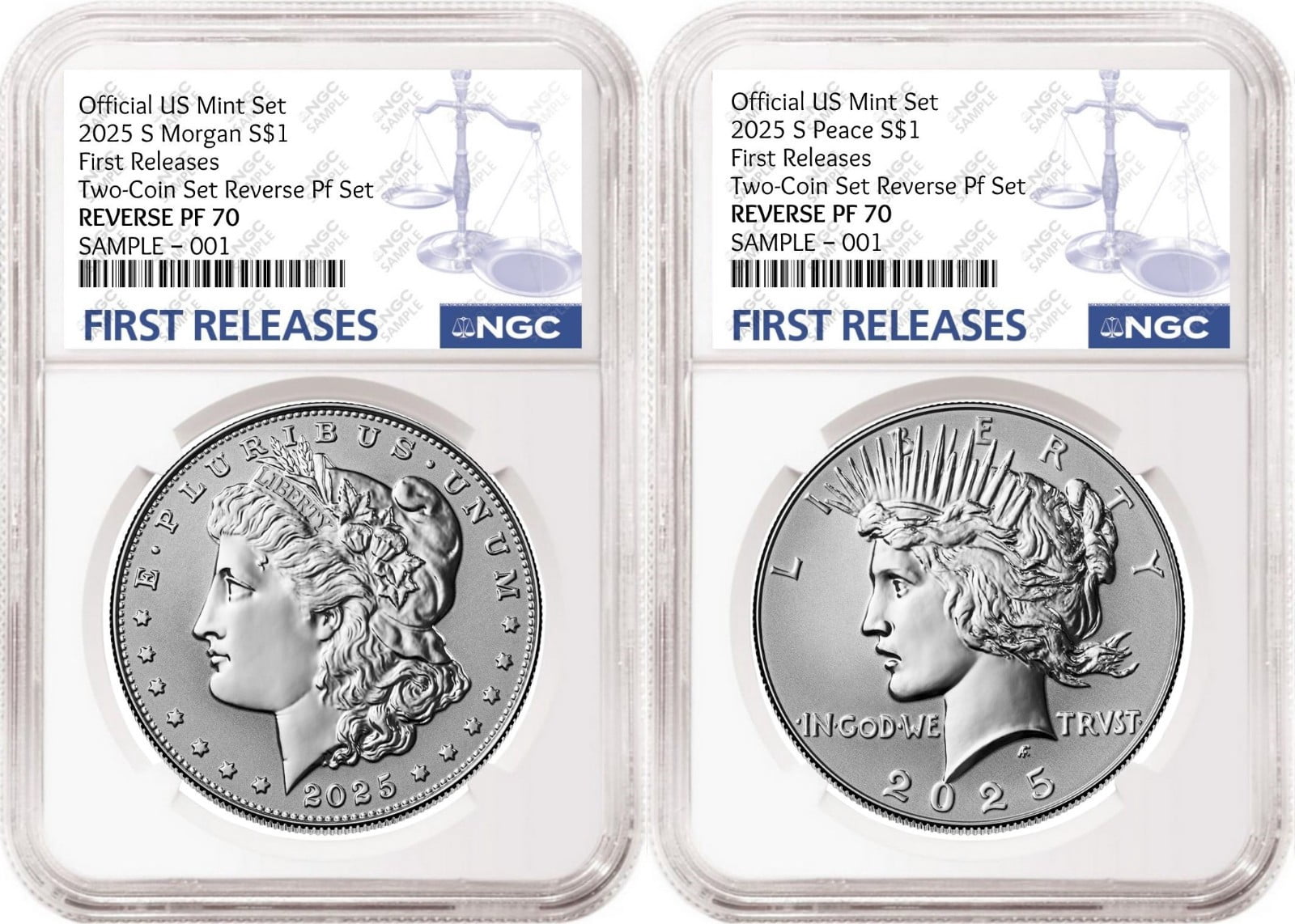 2 Coin 2025 Morgan and Peace Reverse Proof Dollar Set NGC RP70 FR FR ...