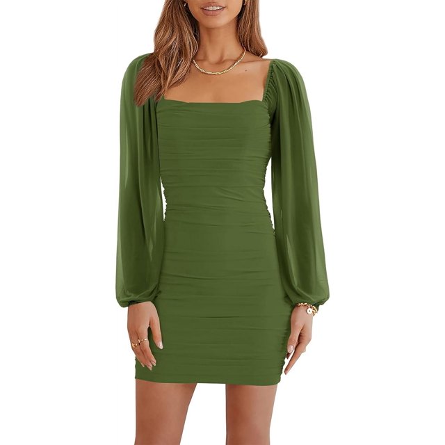 HAHDAXIA Women's Mesh Long Sleeve Square Neck Ruched Party Club Cocktail Bodycon Mini Dress