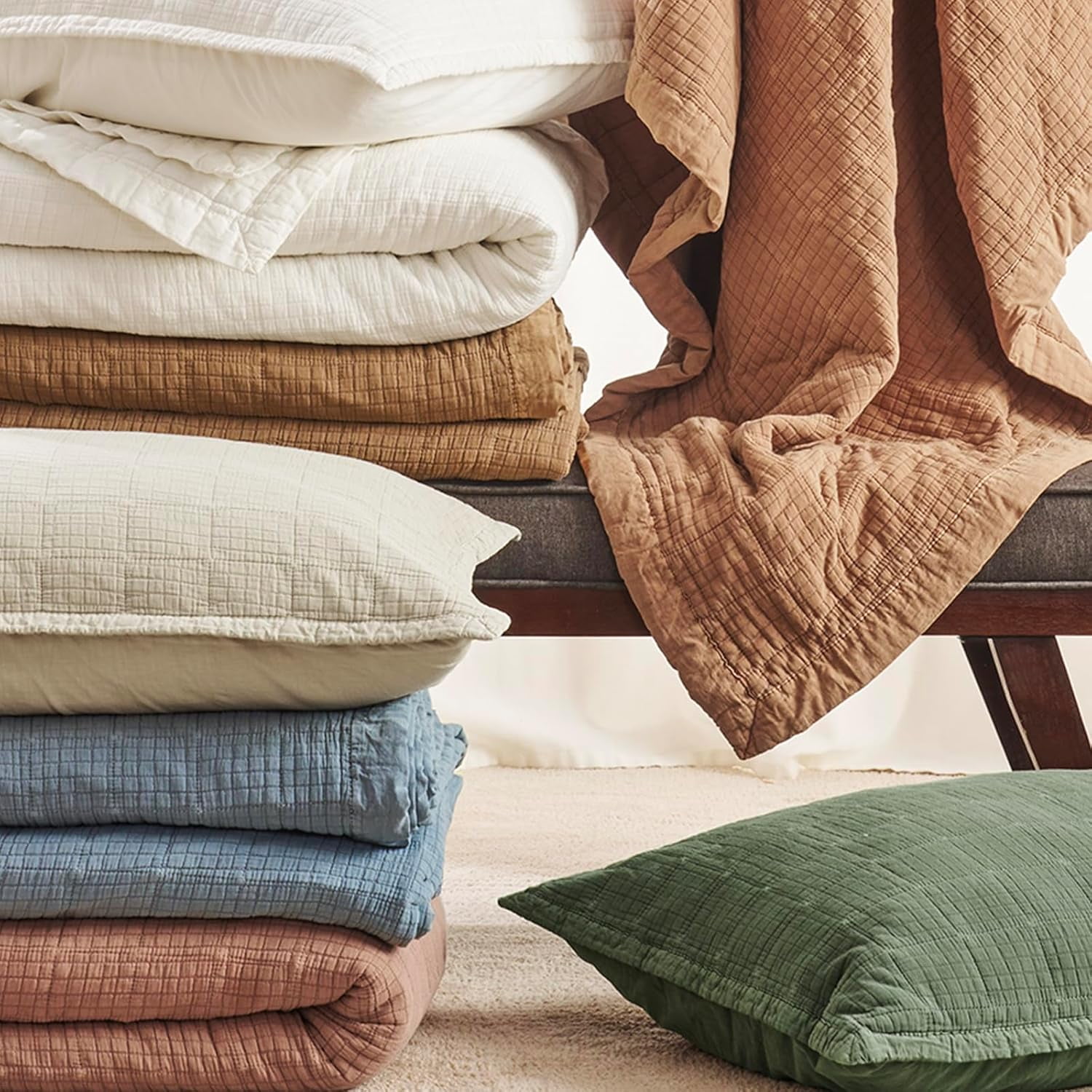 EVERGRACE Stonewashed Cotton Quilt Set Full Queen Size, Ultra Soft Oversized Bedspread Coverlet Set, Lightweight Crinkle Box Stitch Bedding Sets for All Season, with 2 Shams, Flax Beige