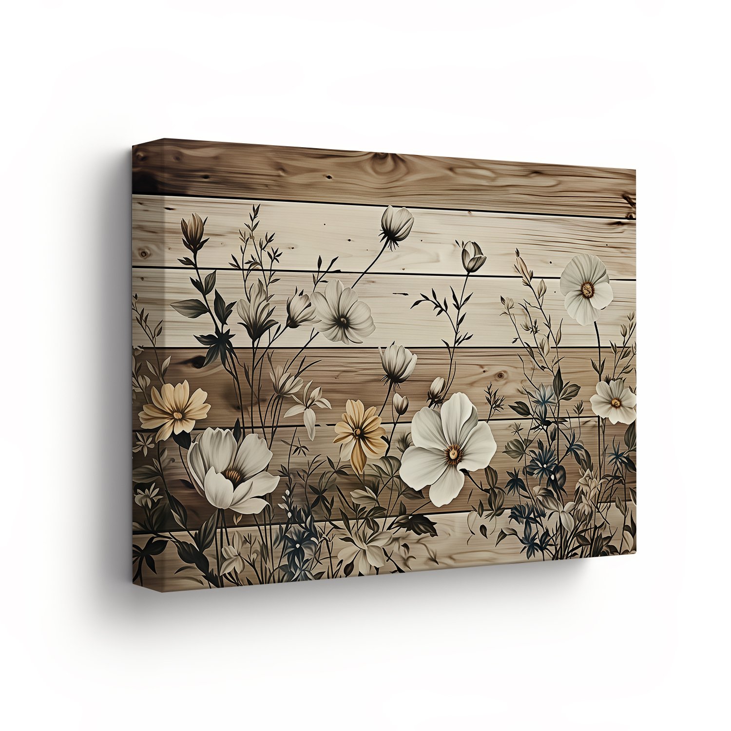 Framed Canvas Wall Art – Rustic Wooden Background with Botanical Floral Design – 2D Printed Artwork for Home Decor