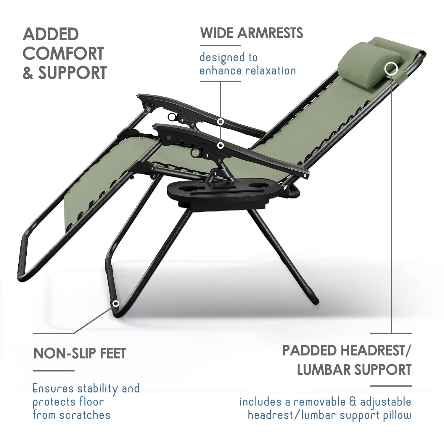 LammaLoe Zero Gravity Chair Set of 4, Outdoor Lounge Chairs with Cup Holder, Sage Green