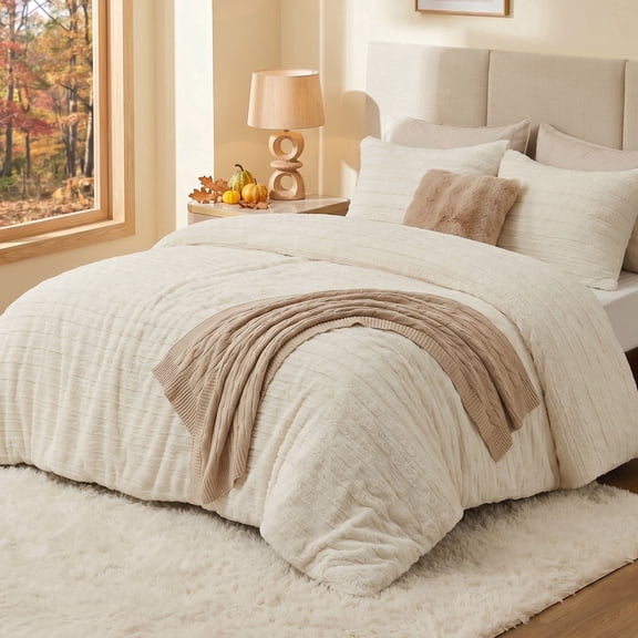 SoComfy by Bedelite Queen Faux Fur Comforter Set, Fluffy Fleece, Soft Warm Plush, 3-Piece, Cream