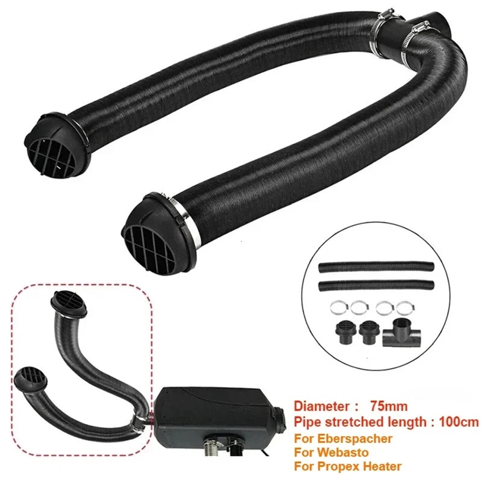 75 mm Diesel Heater T Connector Kit with Dual Air Outlets Extendable Duct Pipes Clamps for Webasto for Eberspächer for Propex Parking Heaters