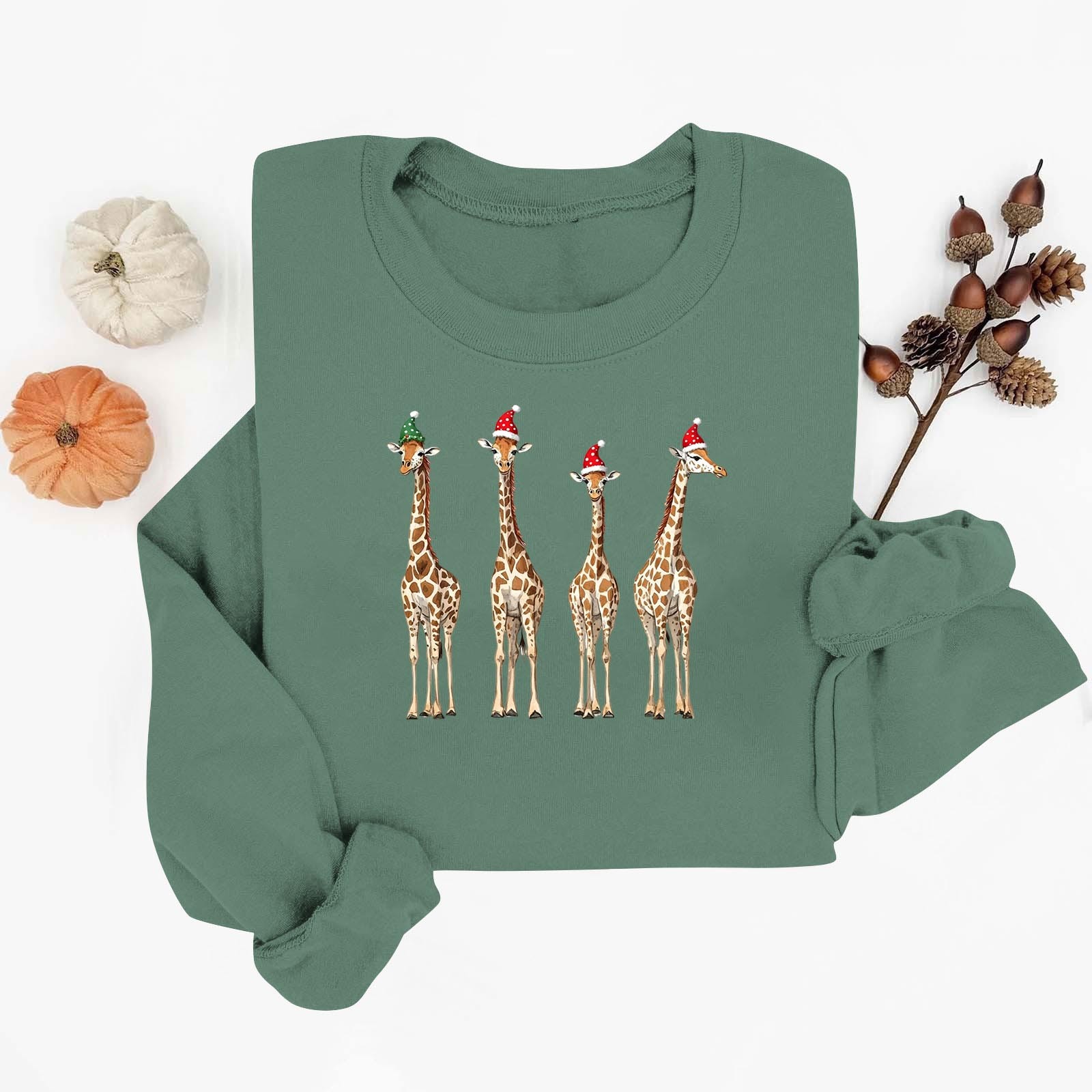 SYMOID Womens Green Christmas Giraffe Crewneck Sweatshirt, 100% Cotton Loose Fit Festive Graphic with Santa/Elf Hat,Size L