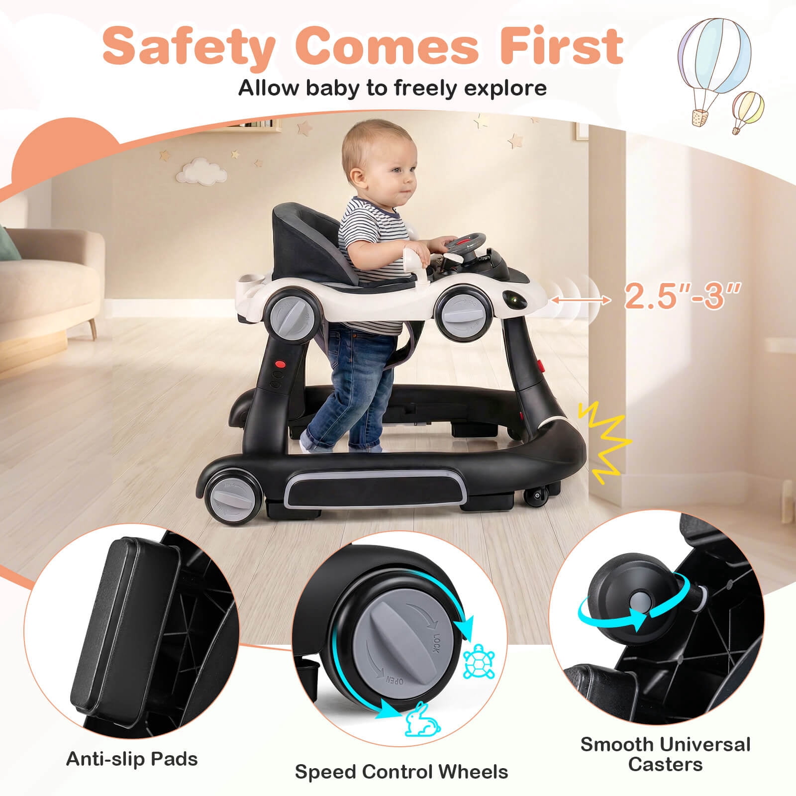 Babyjoy 6-in-1 Baby Walker with Canopy, Music, Lights, Speed/Height Adjustment & Wheels White + Black