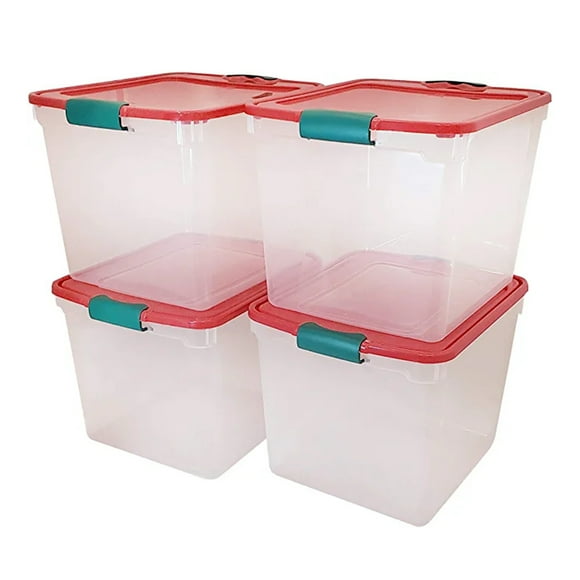 HOMZ 31 Qt Holiday Plastic Storage Container Bin with Latching Lid, 4 Pack