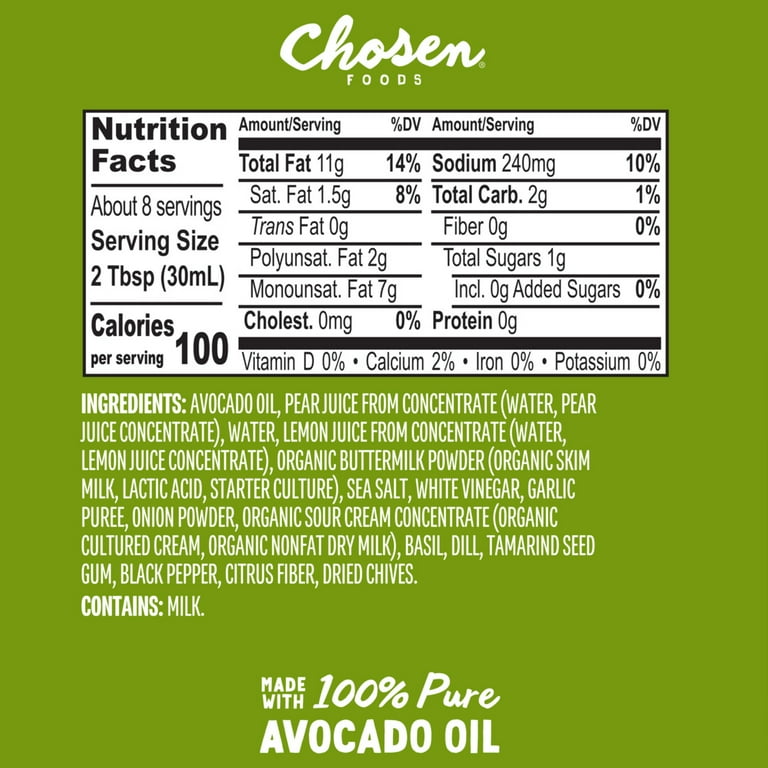 Chosen Foods Classic Ranch Dressing and Dip made with 100% Pure Avocado Oil  8 fl oz