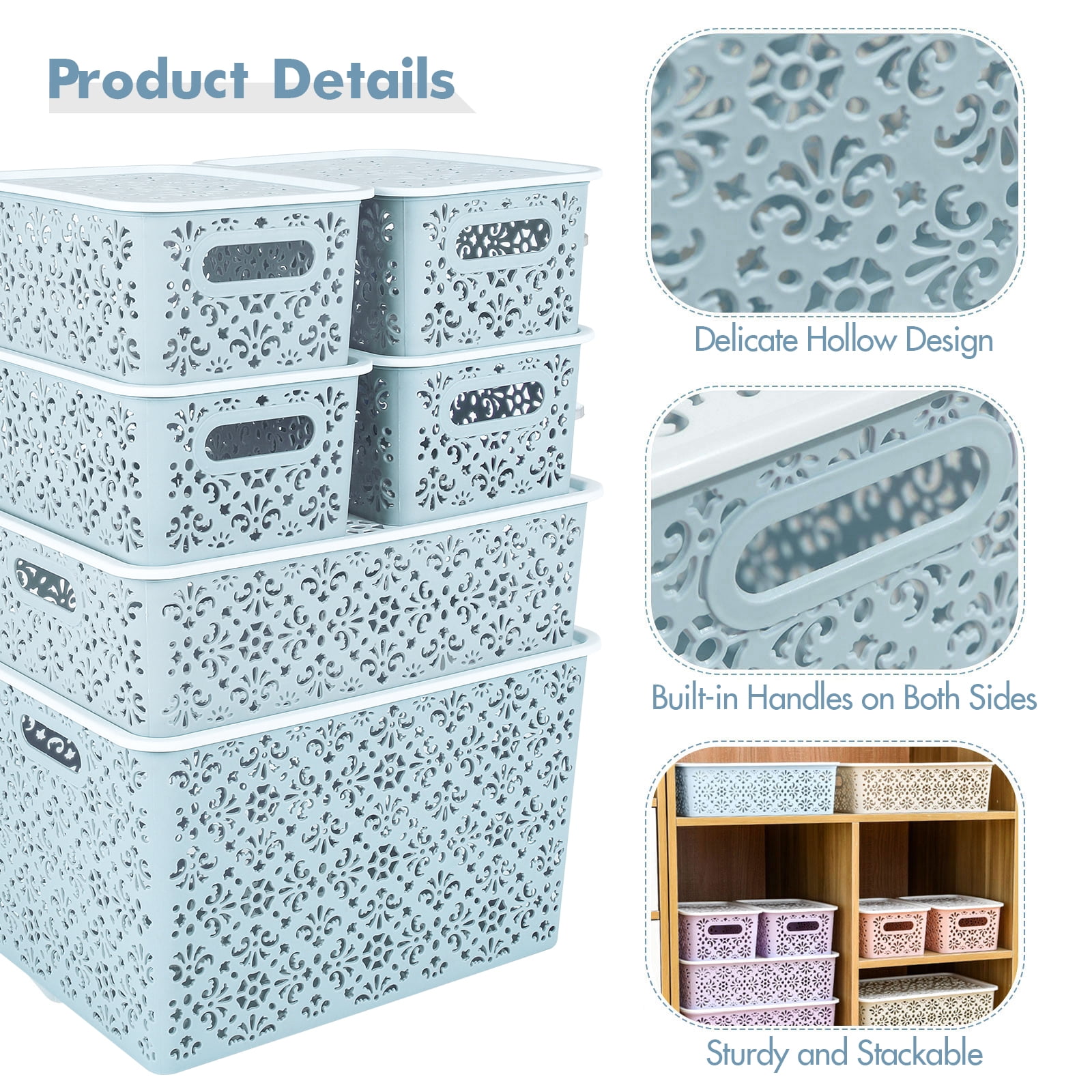 ANMINY Stackable Lace-Design Storage Bins, Blue, 6 Count Pack