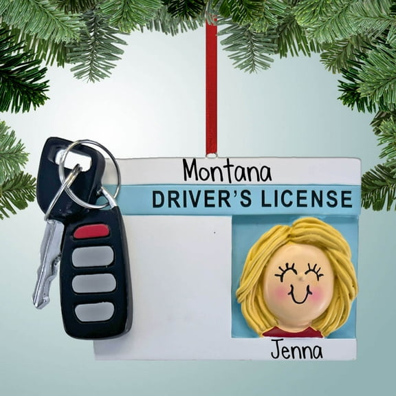 License with Key Fob - Female Blonde Christmas Ornament - New Driver - First Car - 1st - Truck - Permit