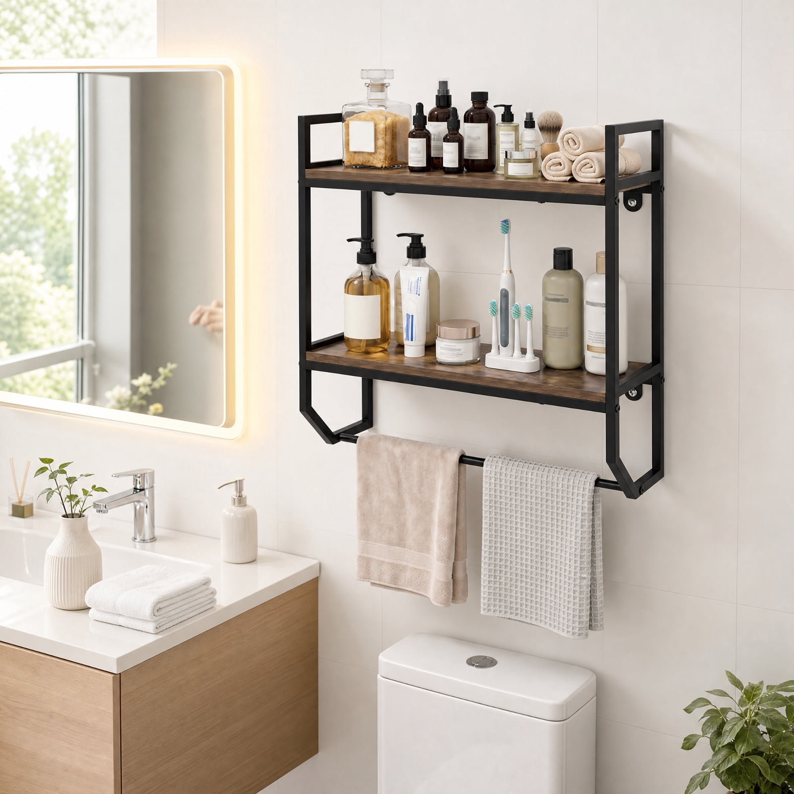 Vebreda Over-the-Toilet Storage Shelf with Metal Frame & Towel Bar, 2-Tier Wall-Anchored Bathroom Space Saver Organizer Rack Above Toilet, Rustic Brown