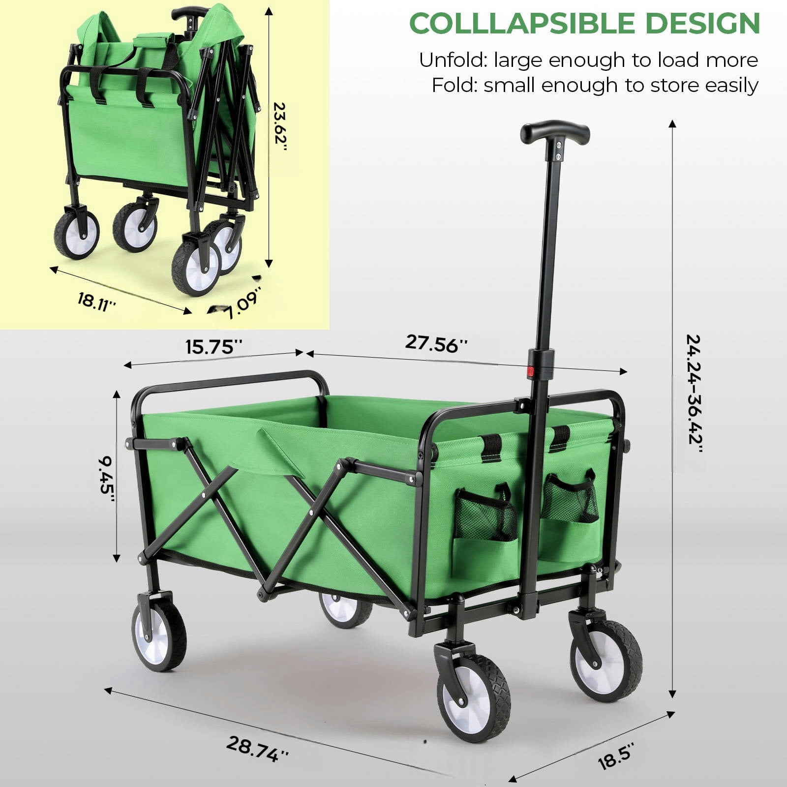 Pirecart Collapsible Wagon Cart with Wheels, Heavy Duty Foldable Wagon Cart 150lbs Capacity, W/360° Wheels, Carry Bag, for Camping, Beach, Garden, Sports