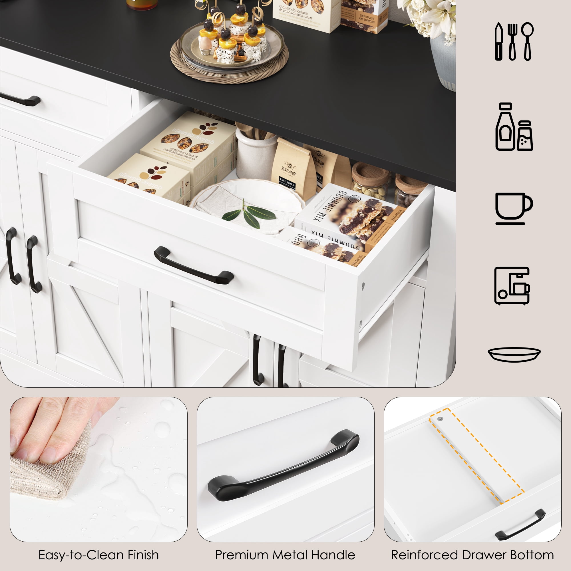 Homfa Buffet Cabinet with 2 Drawers and 4 Doors, Kitchen Sideboard Storage Cabinet, Farmhouse Coffee Bar Cabinet for Dining Room, White & Brown, Black & White