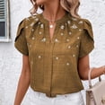 thumbnail image 4 of Tops de Color Sólido para las Mujeres Blusa de Manga Corta Plisada Hueca, Cuello de Pie Top de Moda Casual, 4 of 9