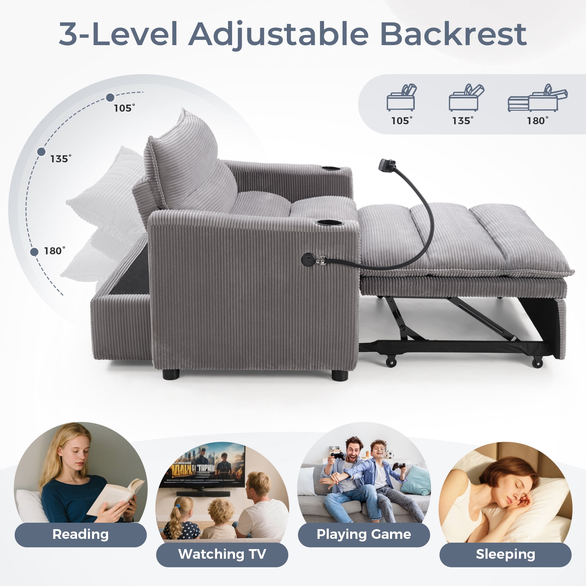 Ebello 3-in-1 Sleeper Sofa Bed, Corduroy Convertible Pullout Futon Couch with Adjustable Backrest, Phone Holders & USB Ports for Apartment, Small Space, 2-Seat(Gray)