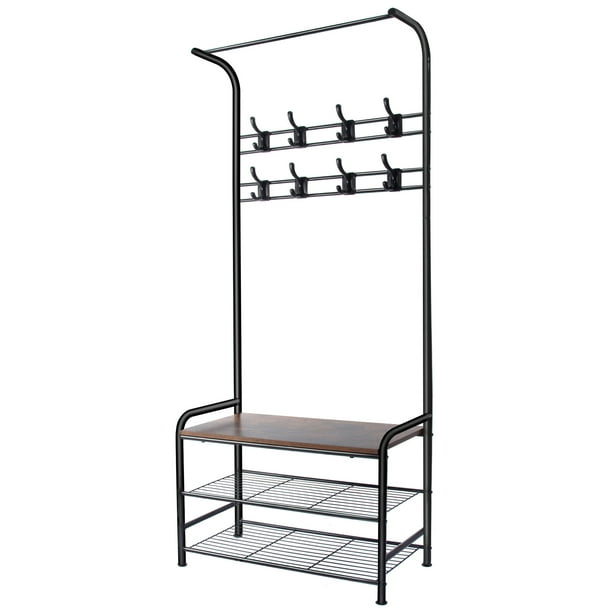 Coat Rack Shoe Bench, 3 in 1 Shoe Rack with 3 Tier Storage Shelf