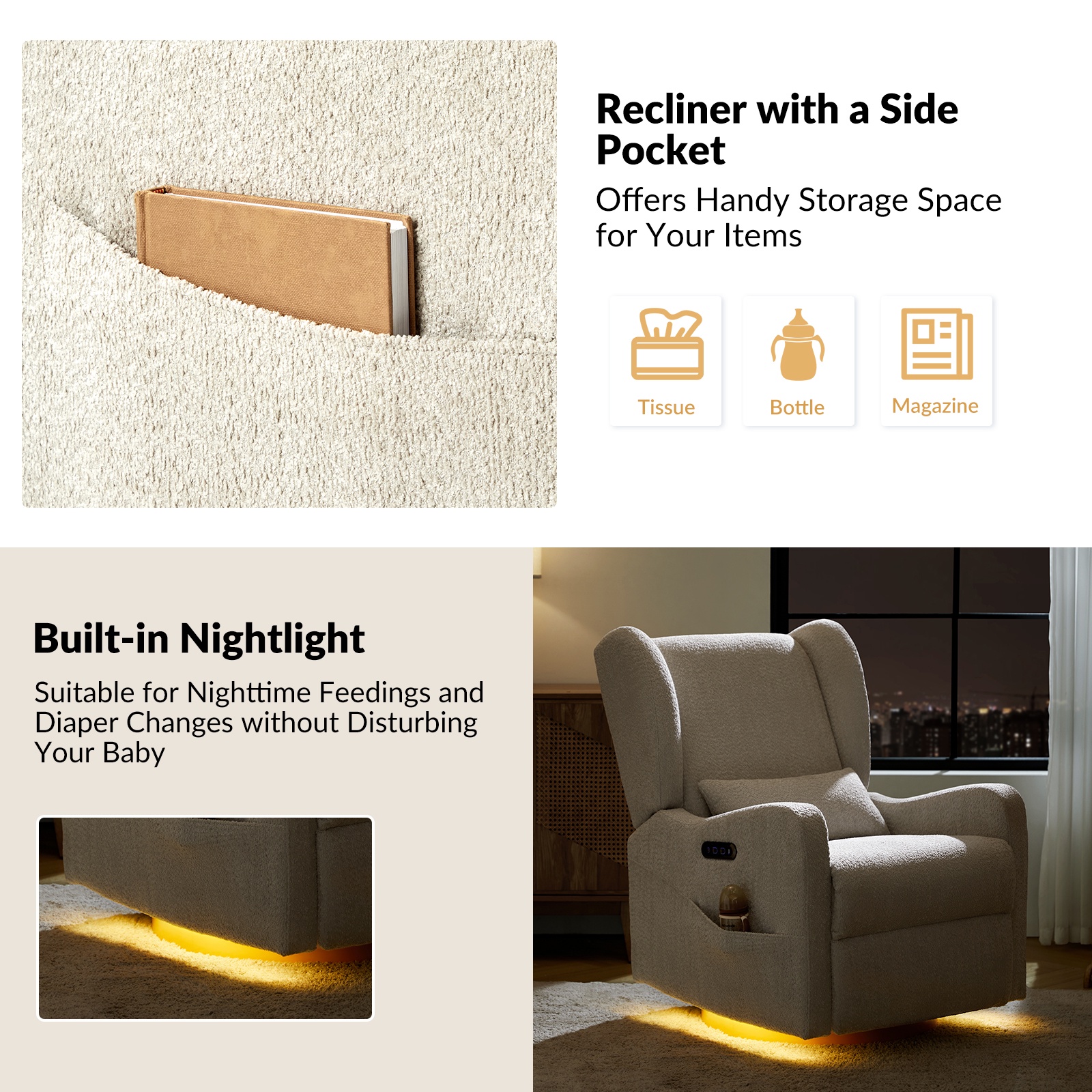 Tina's Home Electric Power Glider Swivel Nursery Recliner Chair Wingback with USB, Waterproof Stain-resistant for Baby Feeding & Living Room Tan
