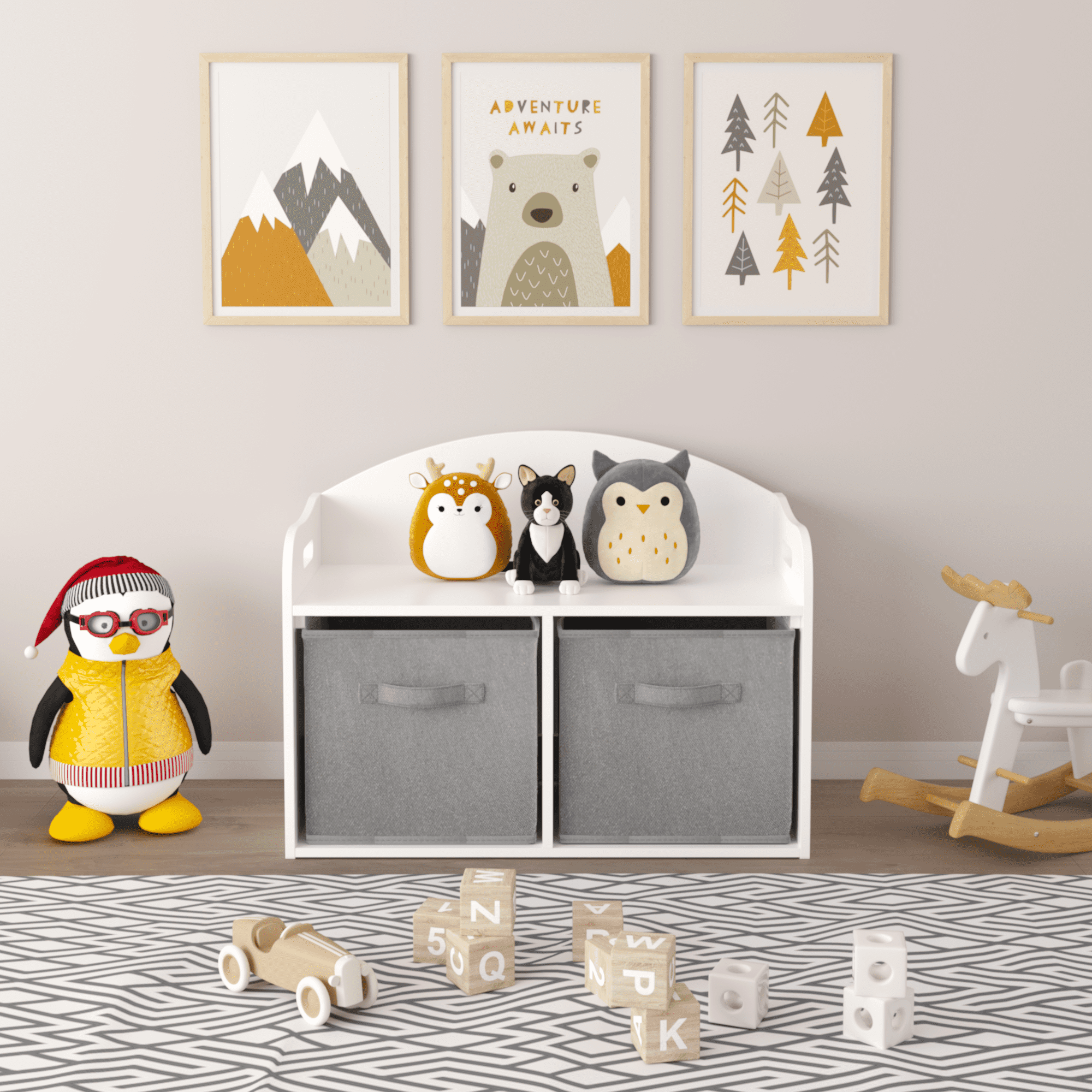 Kids Toy Box, Seizeen Toy Chest with Foldable Fabric Drawer for Boys&Girls, Toy Bench, Multi-functional Storage Cabinet with Bench, White&Gray