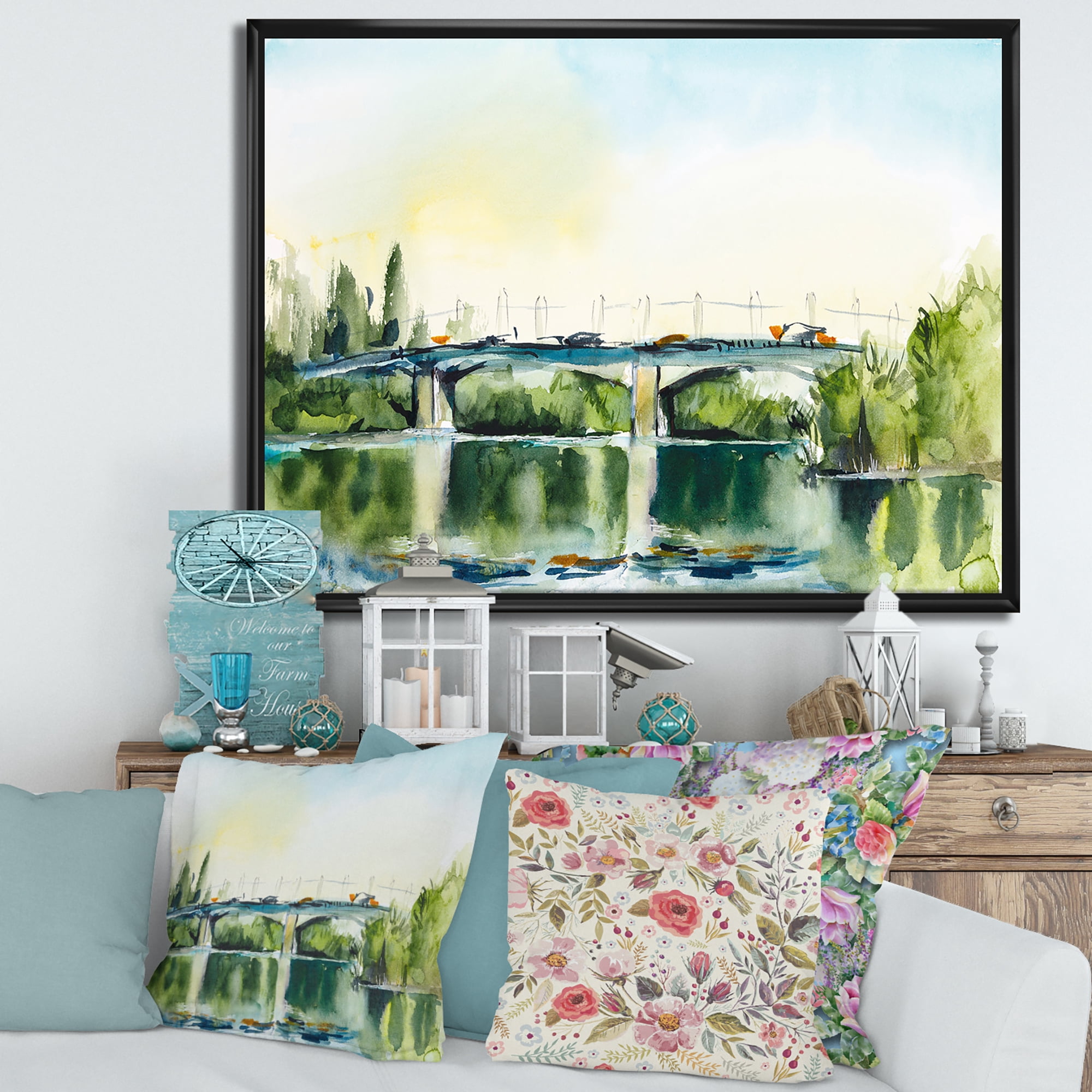 Designart 'Landscape With Old Bridge Over River In The Countryside' Traditional Framed Canvas Wall Art Print
